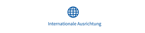 Ein Kreissymbol mit dem Text „Internationale Ausrichtung“