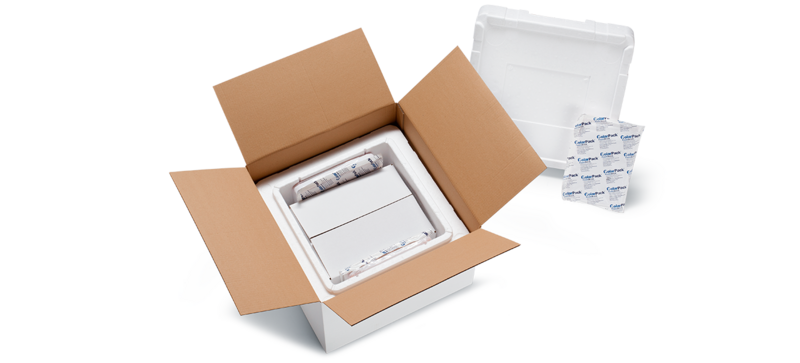 Ein Karton mit einer weißen Isolierbox und einem weiteren Innenkarton sowie Kühlakkus